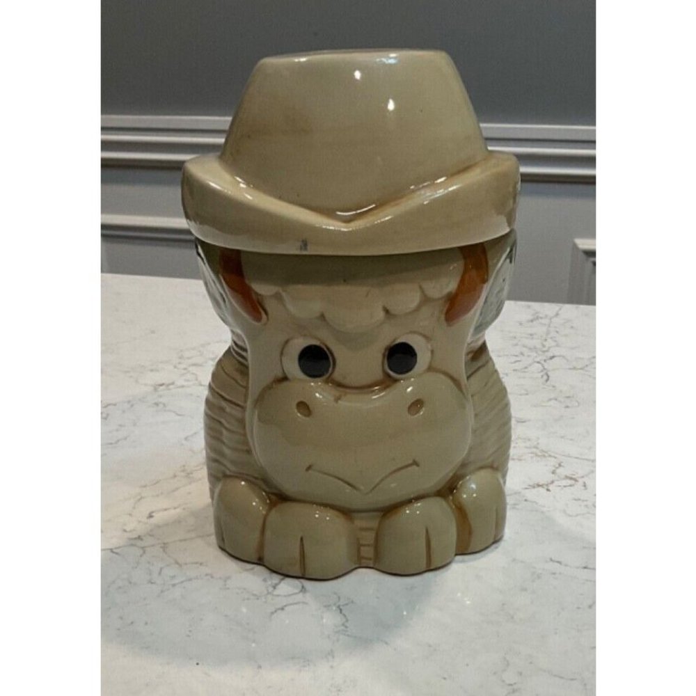 VINTAGE BABY BULL IN HAT CERAMIC COOKIE JAR! "8.5 X 8 X 8"